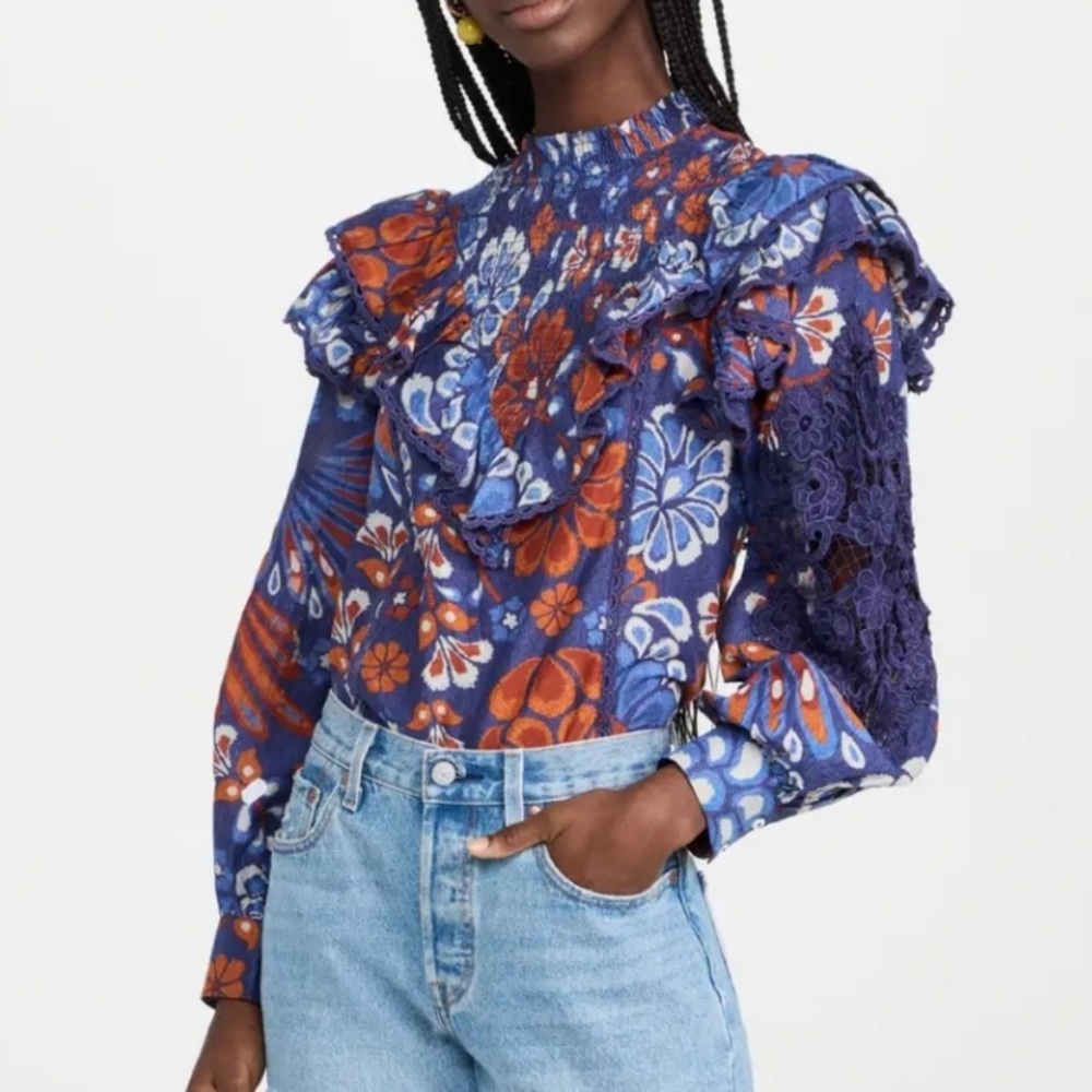 FARM RIO Smocked Pineapple Flowers Navy Blue Blouse Size Small - Picture 5 of 13